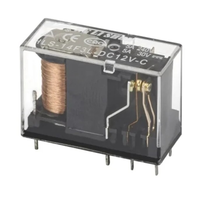 RELAY POWER 5A 12VDC 2FormC PCB TYPE TRANSPARENT THT (HLS-14F3L-DC12V-C)